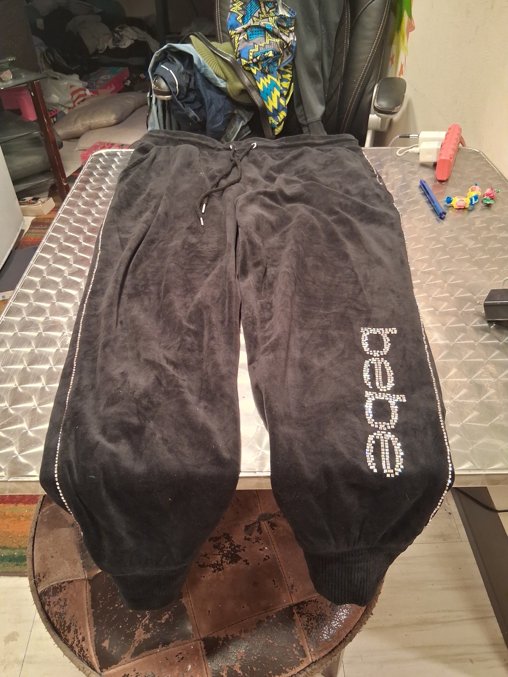 bebe Black Velour Rhinestone Logo Jogger Pants with Side Trim